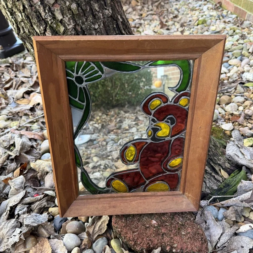 Charming VTG Stained Glass Teddy Bear Mirror Wooden Frame Wall‎ Decor Art Baby